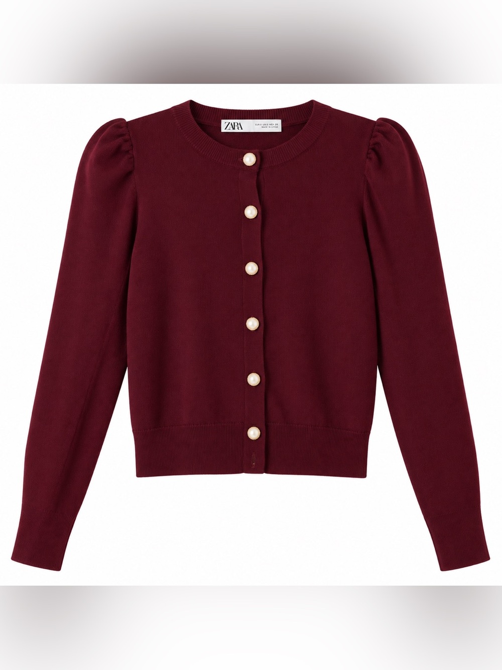 Zara Burgundy Wine-Red Pearl Button Puff-Sleeve Cardigan